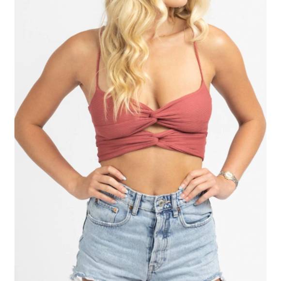 NEW ENDLESS BLU. twisted tie back crop top in terracotta - Picture 2 of 5